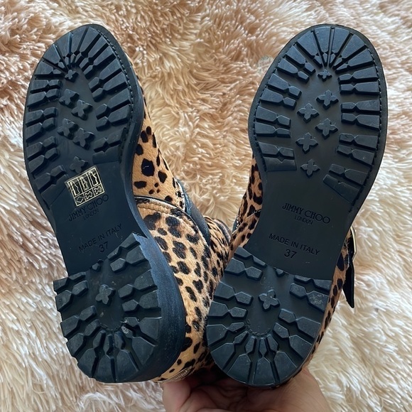 JIMMY CHOO | Leopard Print Pony Hair Fur-Lined Moto Boots | Women’s Size 37 - Picture 9 of 10